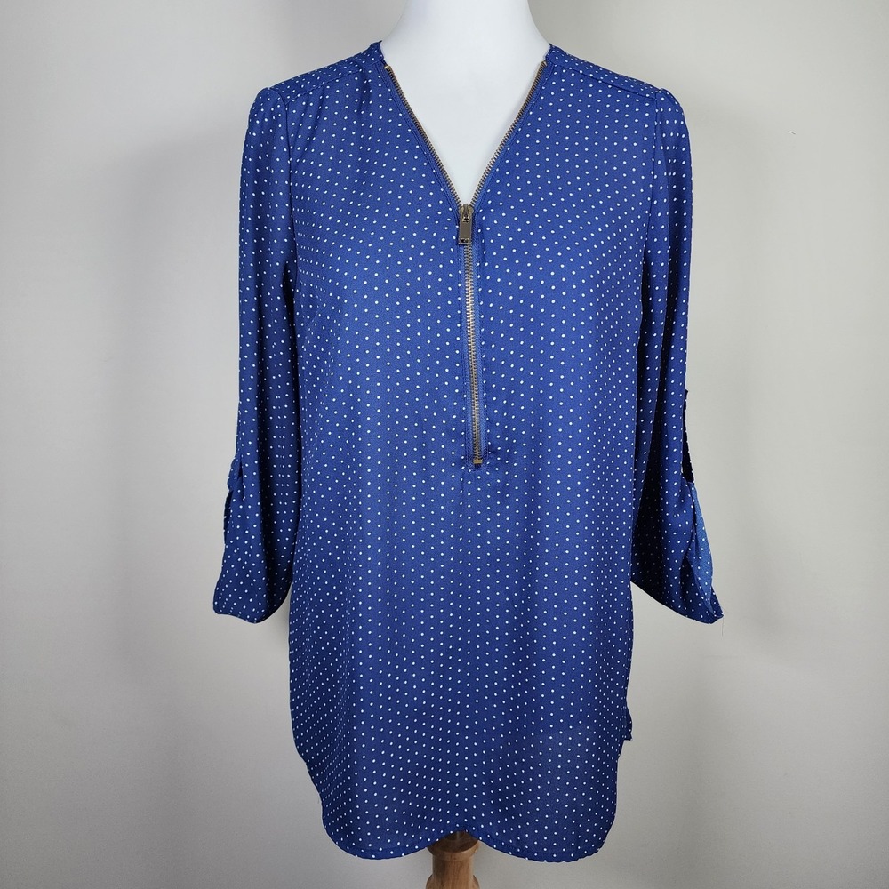 Stella Tweed Blouse Womens Medium‎ Polkadot Navy Top Lightweight Career Office